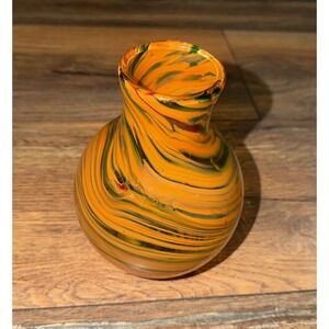 Vintage Handblown Art Glass Bud Vase with Swirls of Orange Red Green 5.75"
